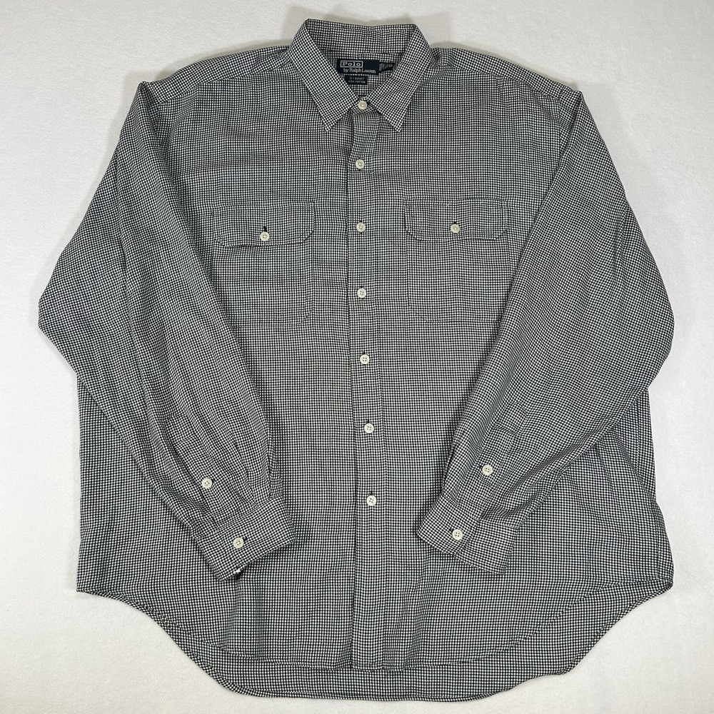 VTG Polo Ralph Lauren Mens XL Black Green Check Long‎ Sleeve Button Up GI Shirt - Picture 2 of 6